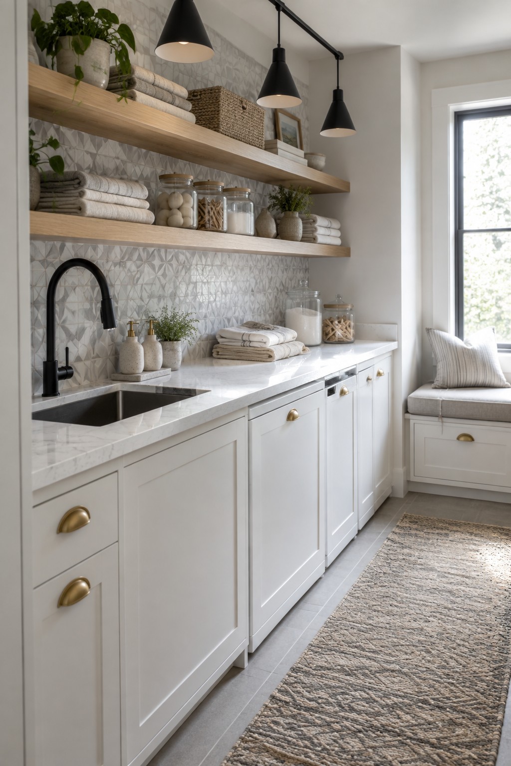 Modern white kitchen with marble counters, open wooden shelves, black fixtures, and window seat.