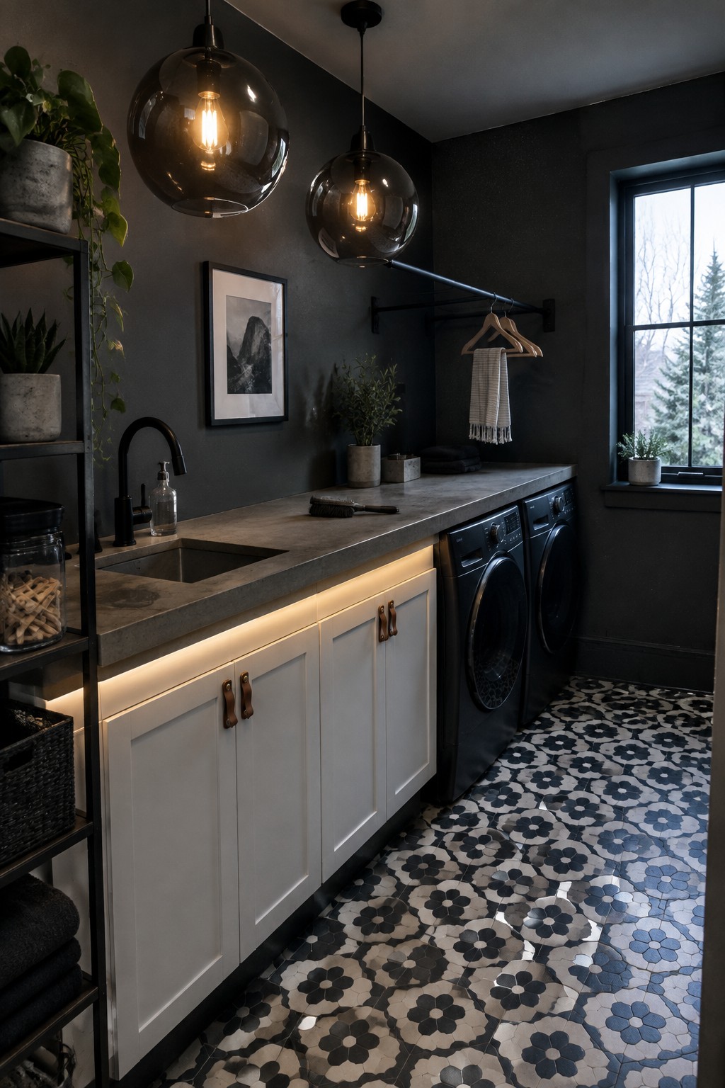 A modern laundry room with dark walls, concrete countertop, white cabinets, sink, two black washing machines, patterned tile floor, and two large smoky glass pendant lights hanging above the counter.