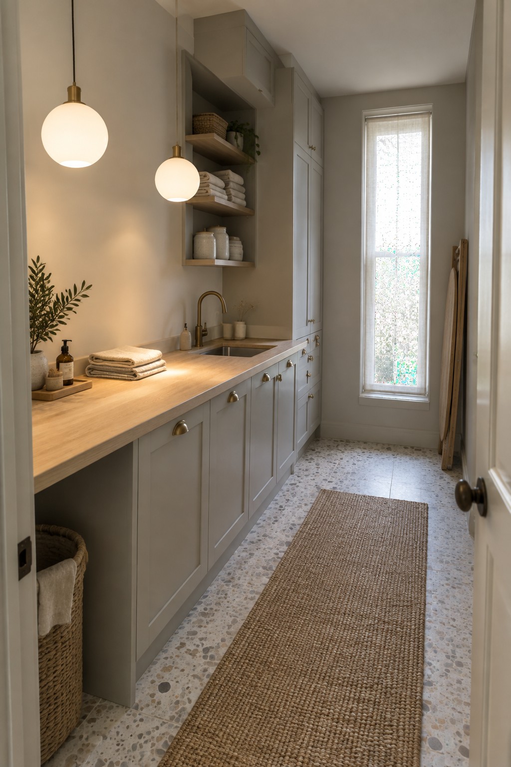 A laundry room with light gray cabinets, a wooden countertop, two white globe pendant lights hanging above it, and a long woven runner on terrazzo tile.