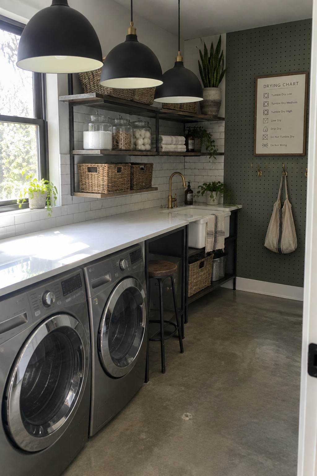 A laundry room with two front-loading washers under a white countertop, three large black dome pendant lights hanging above, open shelves holding baskets and jars, and a green pegboard wall on the right.