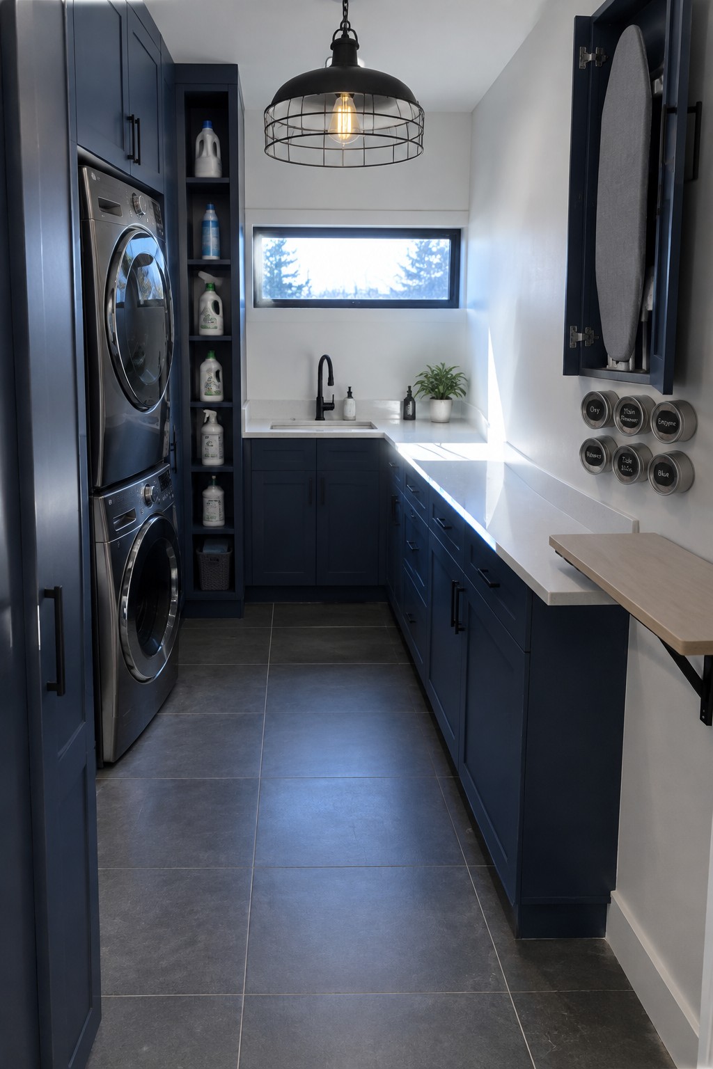 A narrow laundry room with dark blue cabinets, stacked washer and dryer on the left, a sink, white counter with a fold-down section, and a black cage pendant light centered overhead.
