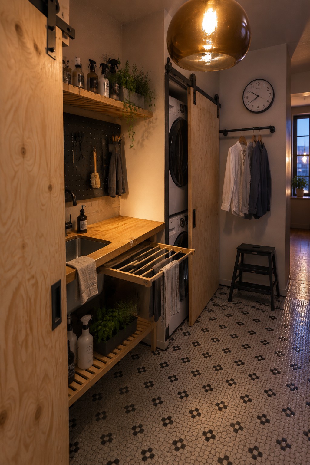 Wooden laundry room with sink, pegboard, sliding doors, washer, dryer, hanging shirts, and clock