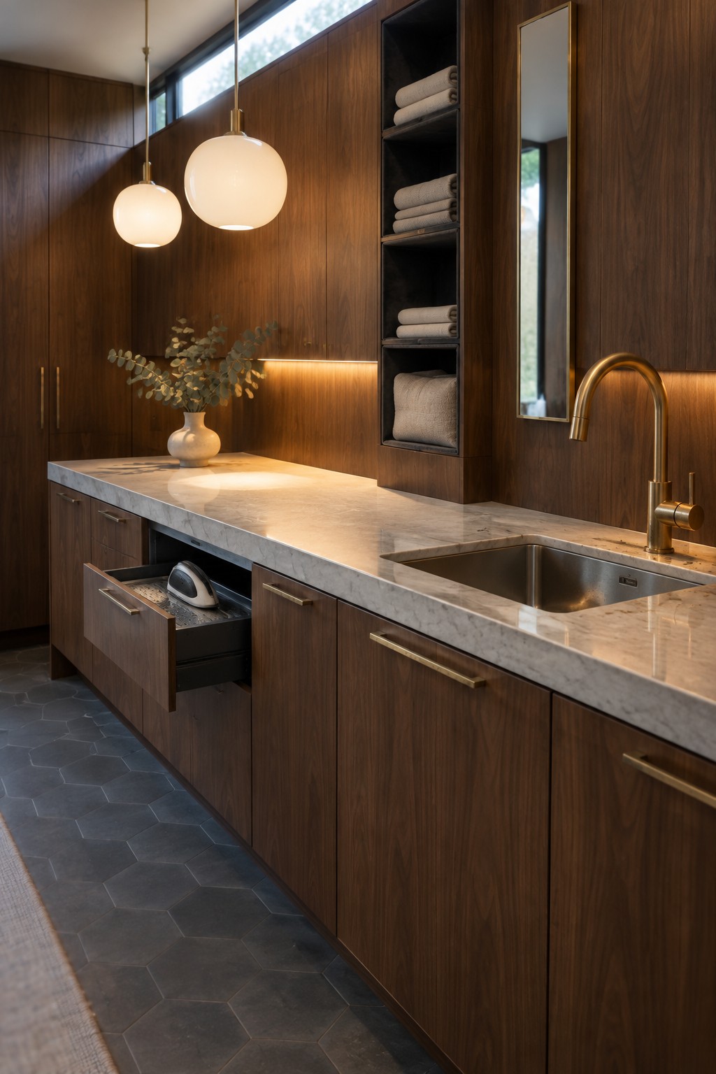 Modern laundry room with dark wood cabinets, marble counters, gold faucet, and open iron drawer.