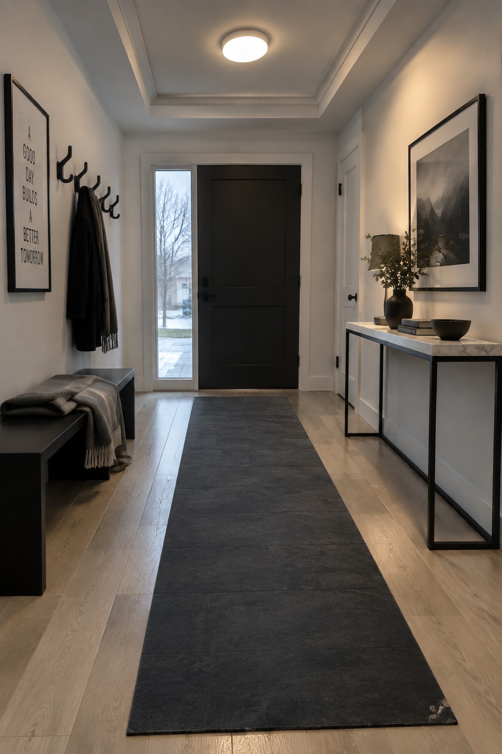 A narrow interior foyer with light wood flooring, a long dark runner rug, a black front door, and a round white flush mount ceiling light.