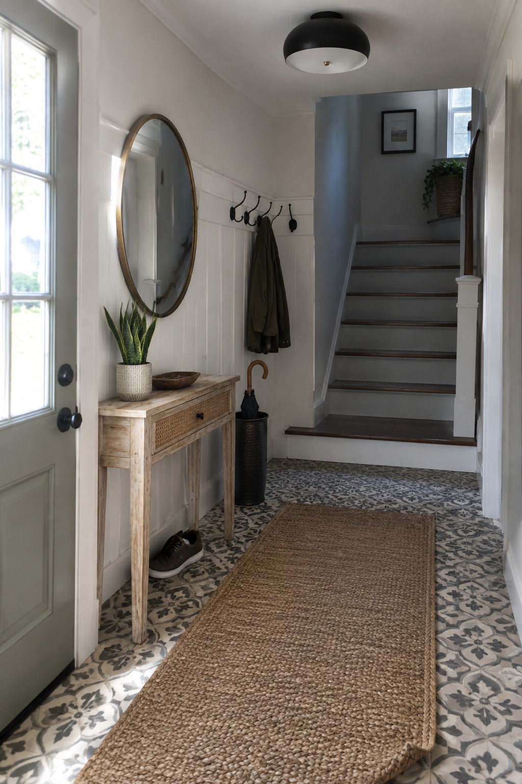 Entryway with console table, round mirror, coat hooks, jute rug, and staircase on patterned tiles