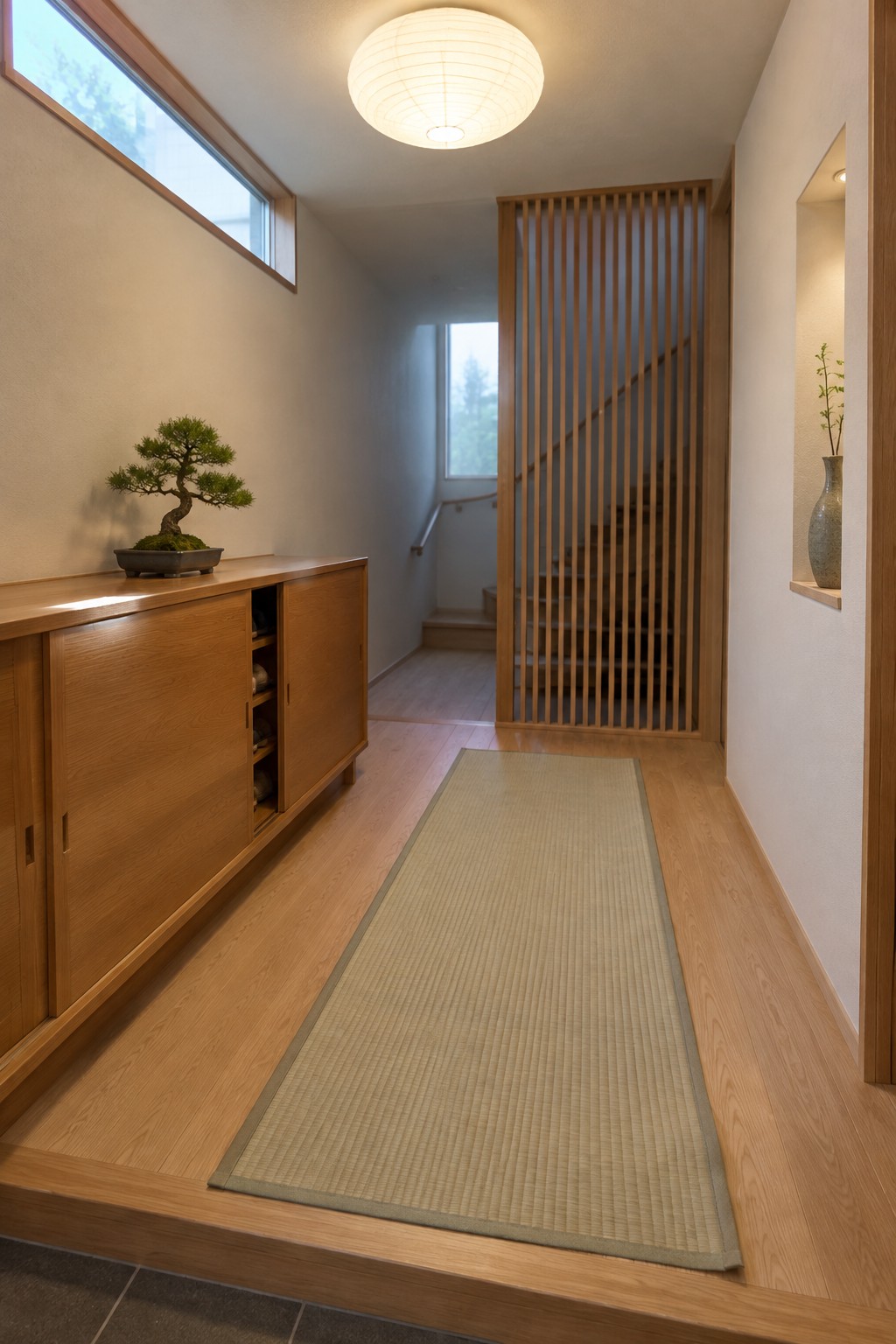 A narrow home foyer with a large round paper lantern flush mount ceiling light, wooden cabinet with bonsai, and tatami runner on the floor.