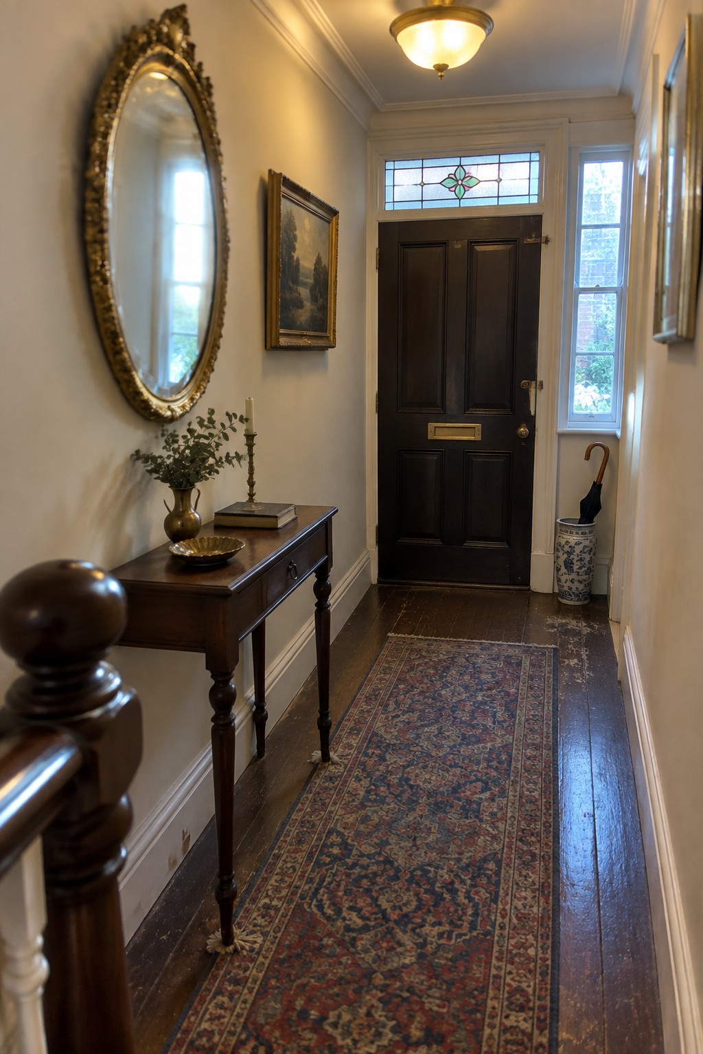 A narrow interior foyer with dark wood floors, a long patterned runner rug, a dark paneled front door with a stained glass transom, and a brass flush mount ceiling light.