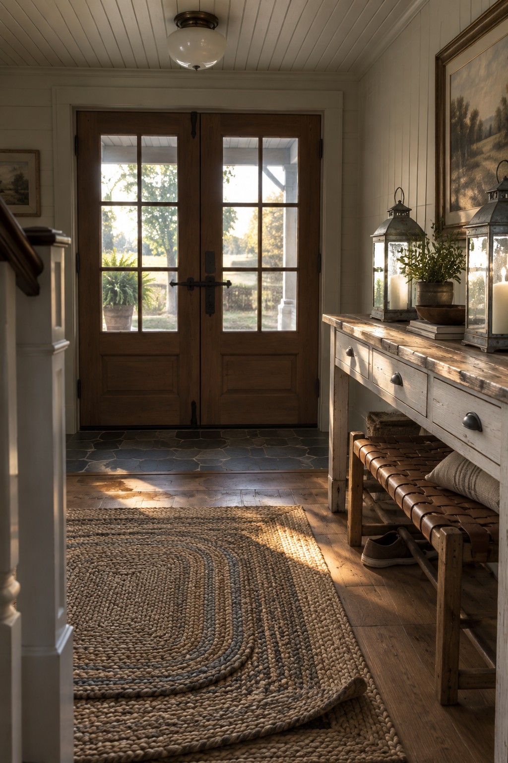 A foyer interior with double wooden doors, a braided rug, a white console table with bench, and a white globe flush mount ceiling light.