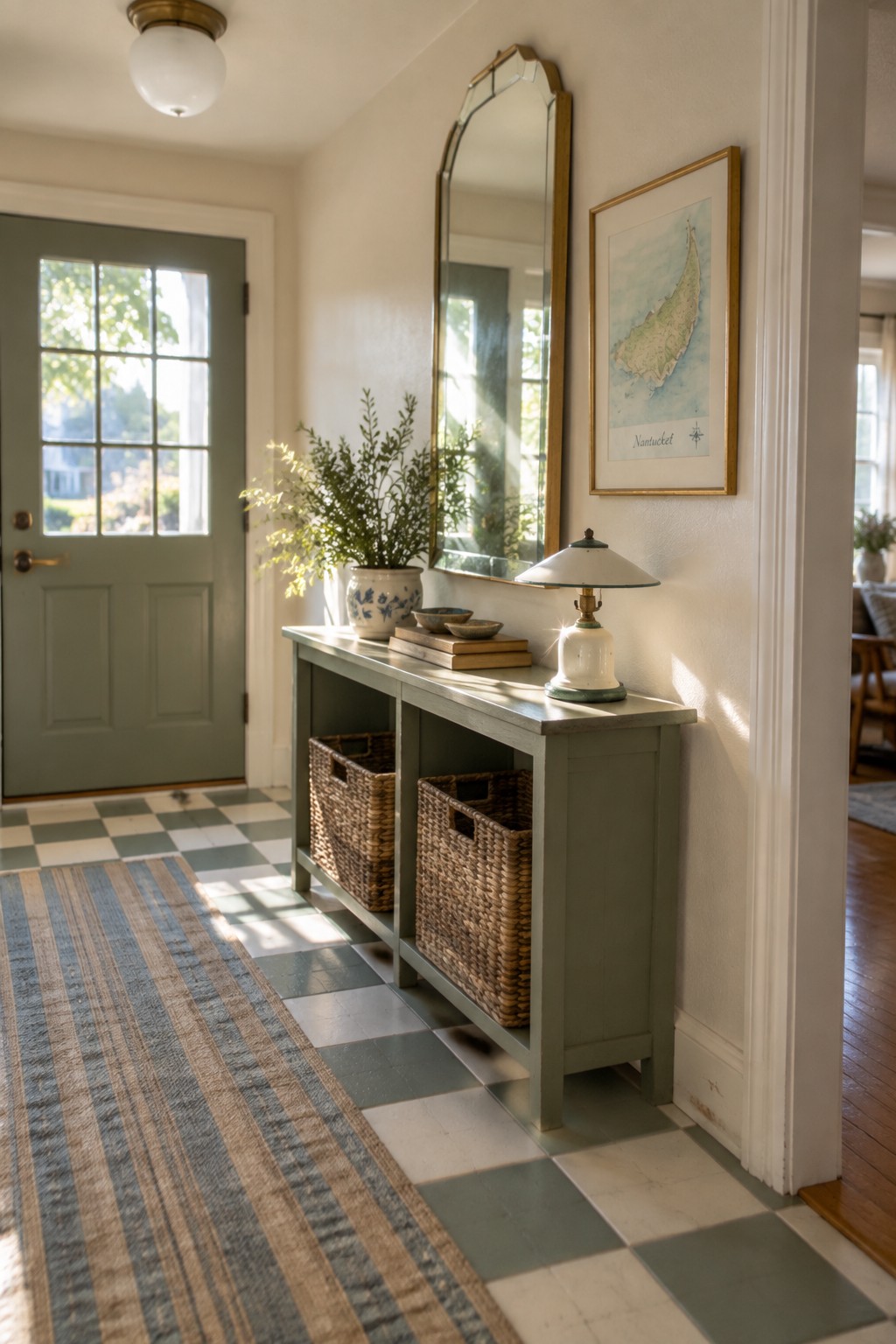 A foyer interior with a green door on the left, checkered tile floor, striped runner rug, sage green console table holding baskets and a lamp, large wall mirror, and a round flush mount ceiling light.