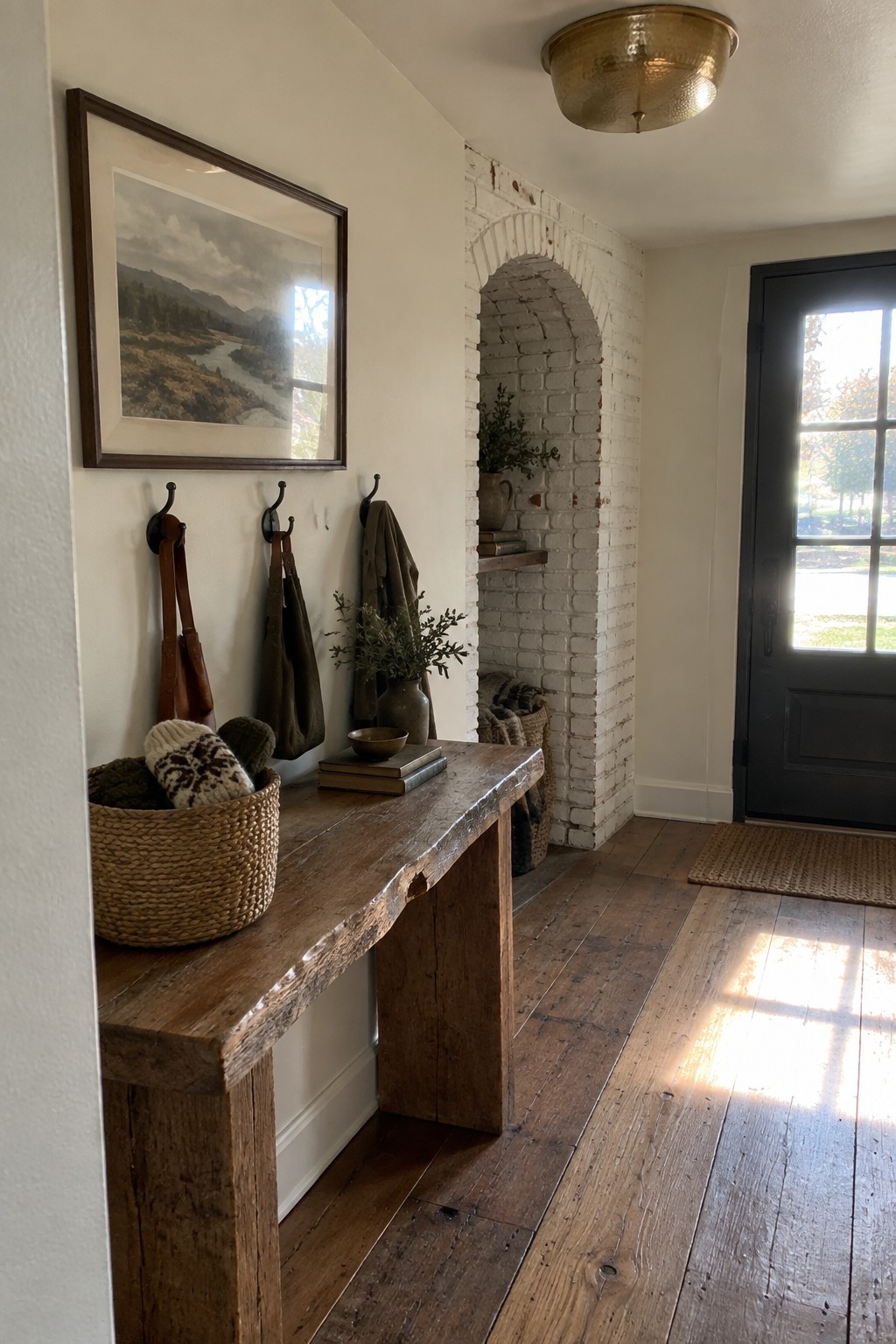 An interior foyer view showing a wooden bench with storage baskets, coat hooks on the wall, a white painted brick arch, a framed landscape print, and a round flush mount ceiling light.