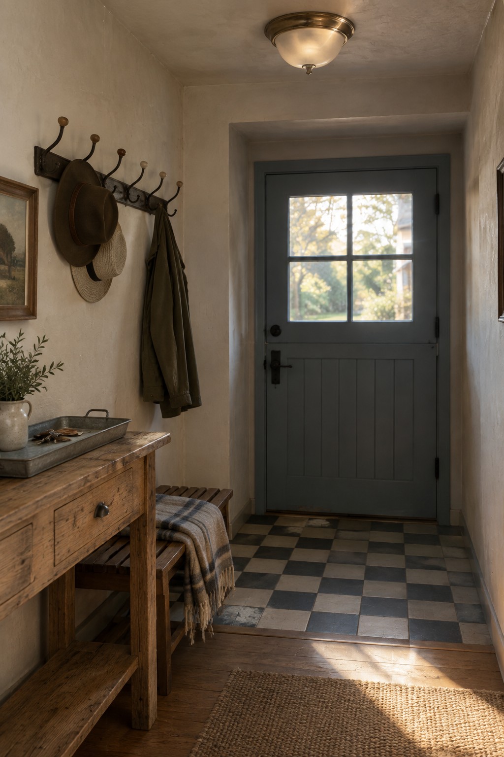 A narrow interior entryway with a gray paneled door, checkered tile floor, wooden bench, coat hooks on the wall, and a flush mount ceiling light.