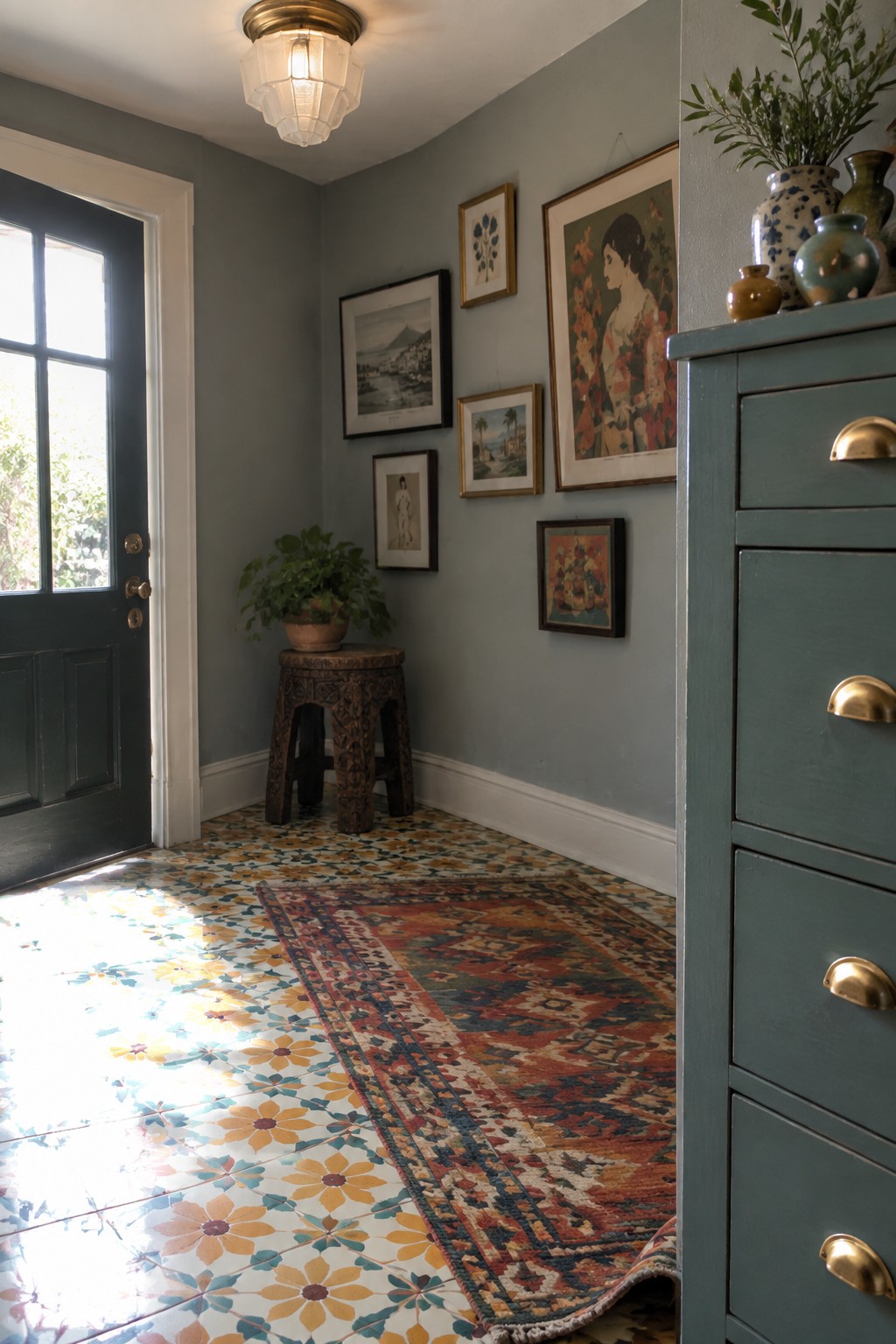 A small foyer interior with blue walls, colorful patterned tile floor, a red and blue rug, framed wall art, a potted plant on a wooden stool, and a decorative flush mount ceiling light.