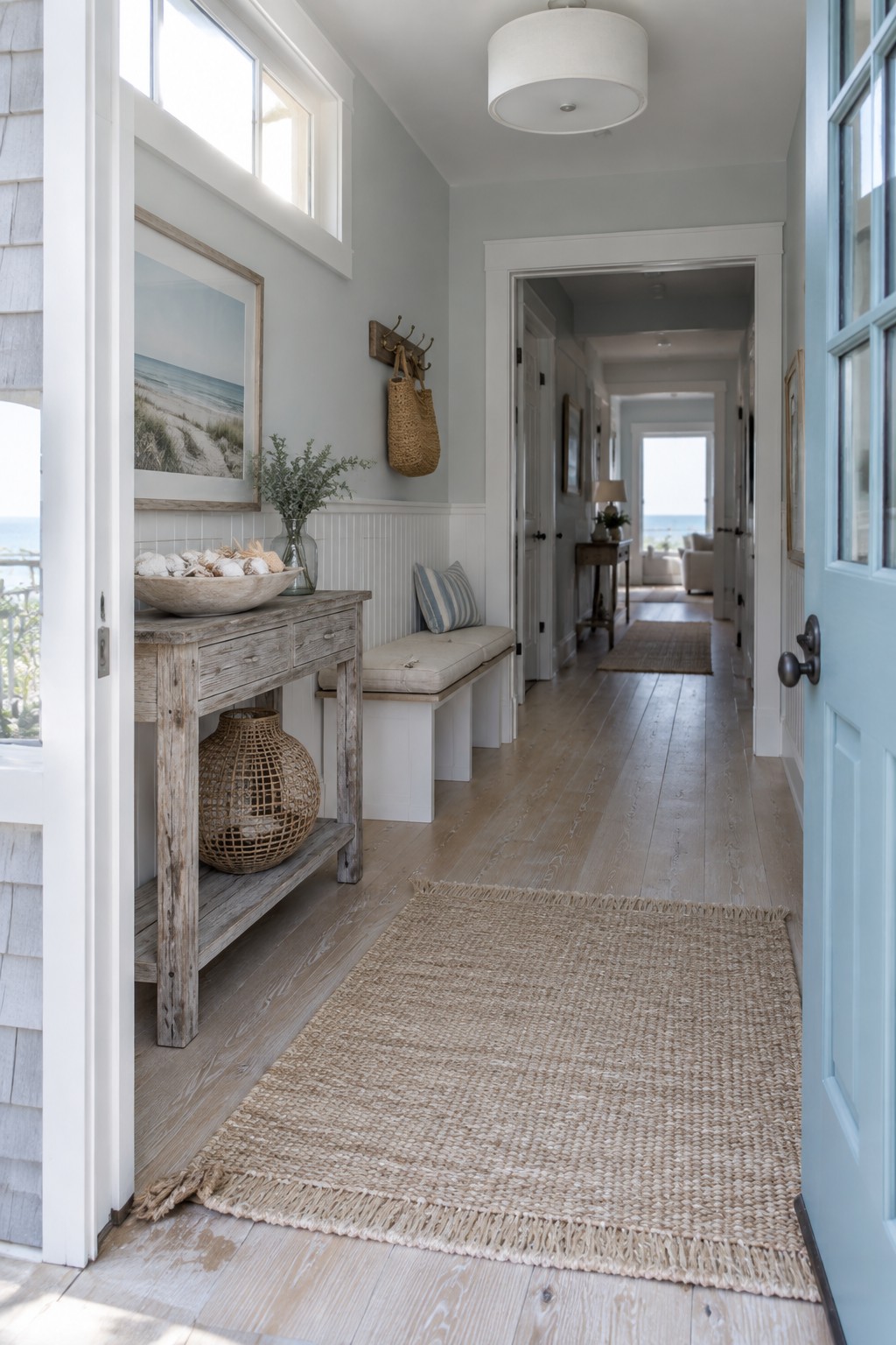 A long narrow interior hallway with light wood flooring, white walls, a white flush mount ceiling light, and a woven rug leading toward open doorways.