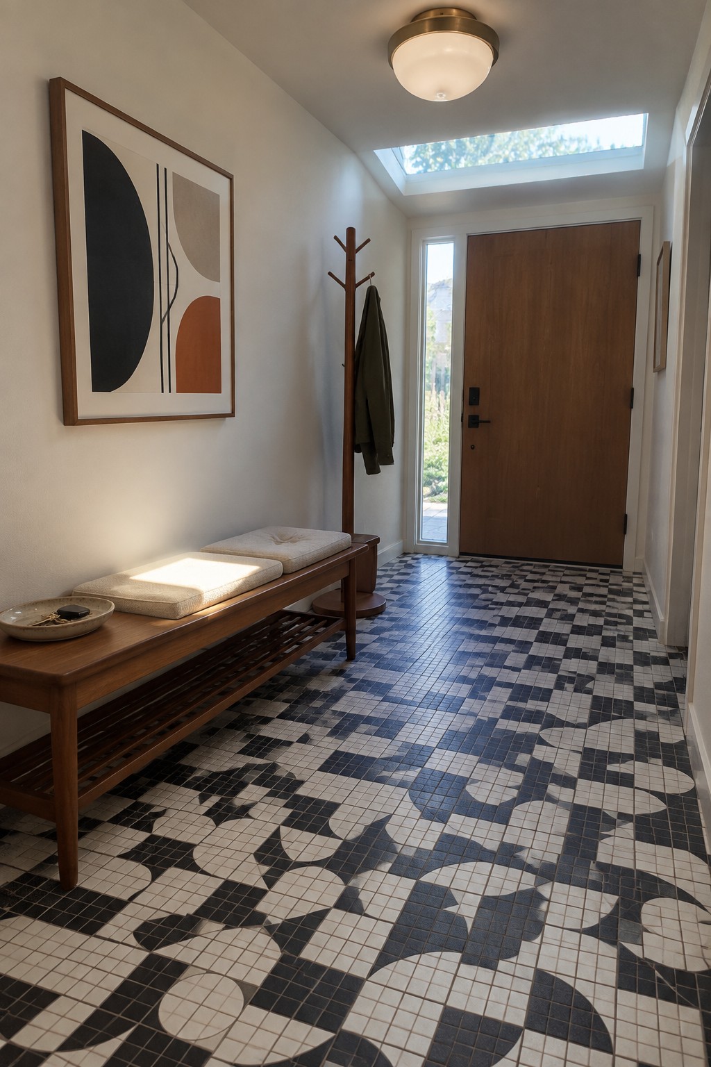 A narrow home foyer with patterned tile floor, wooden bench with cushions, coat rack, abstract wall art, and a round flush mount ceiling light.