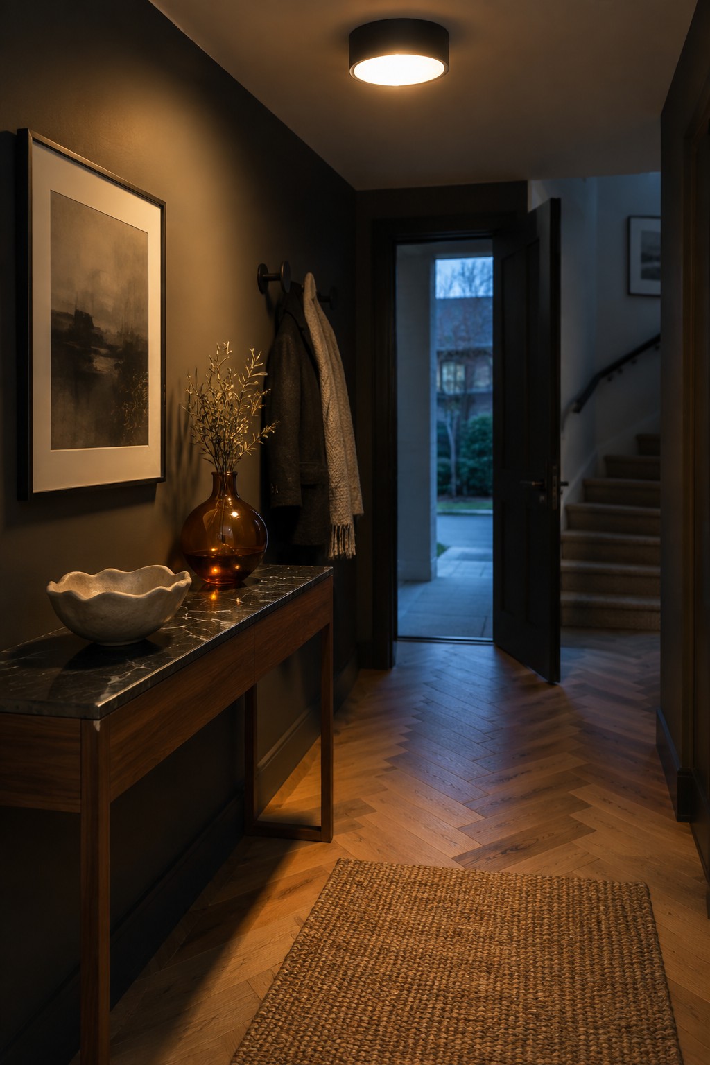 A narrow home foyer with dark walls, a black flush mount ceiling light, a wooden console table with a bowl and vase, coats on hooks, and an open front door showing stairs and outdoor pavement.