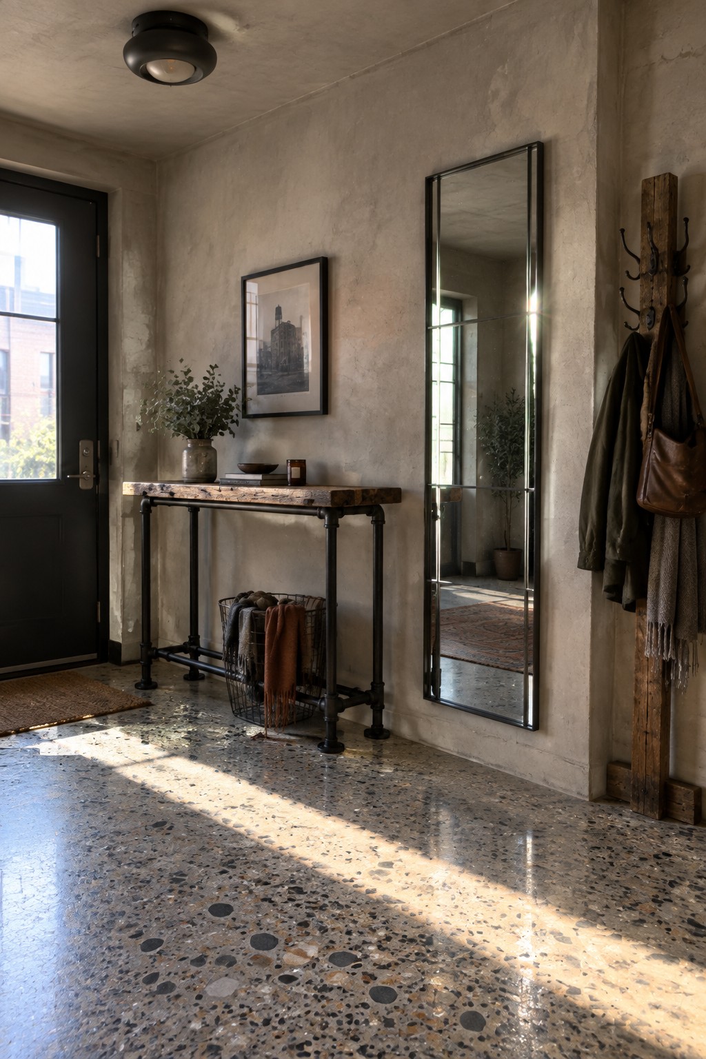 A foyer interior with a black flush mount ceiling light, wooden console table, tall mirror, and speckled concrete floor.