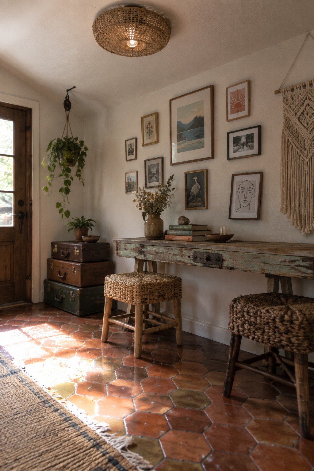 A foyer interior with terracotta tile flooring, a weathered wooden console table, two woven stools, stacked vintage trunks, a hanging plant, gallery wall art, and a large round woven flush mount ceiling light.