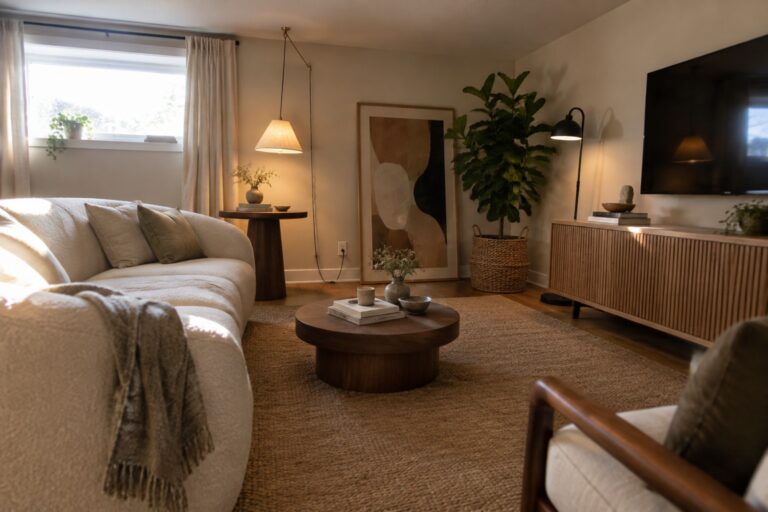 Cozy living room with white sofa on jute rug, wooden furniture, plants, and abstract art