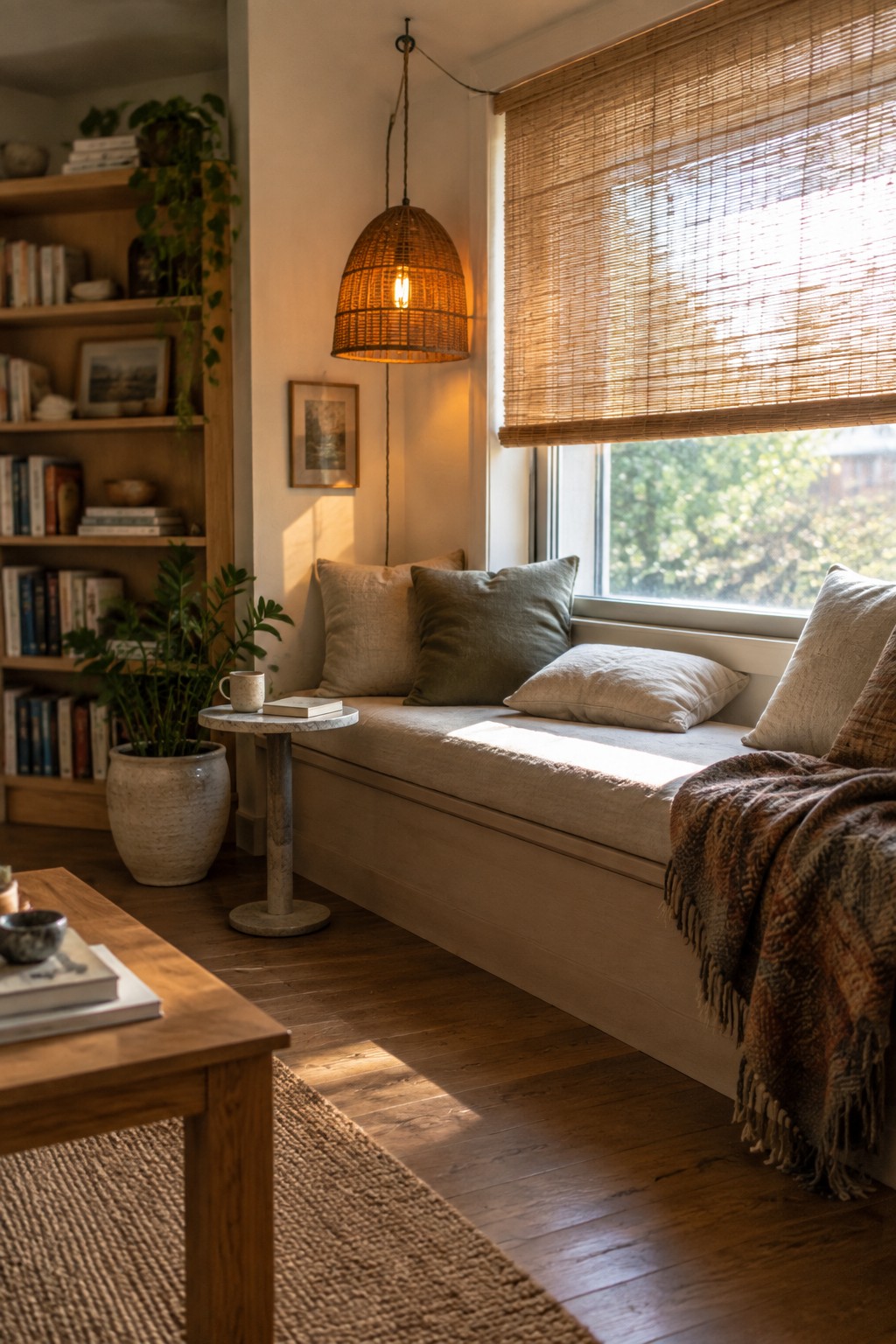 A window seat with neutral cushions and pillows beneath a hanging woven pendant light, next to a tall bookshelf.