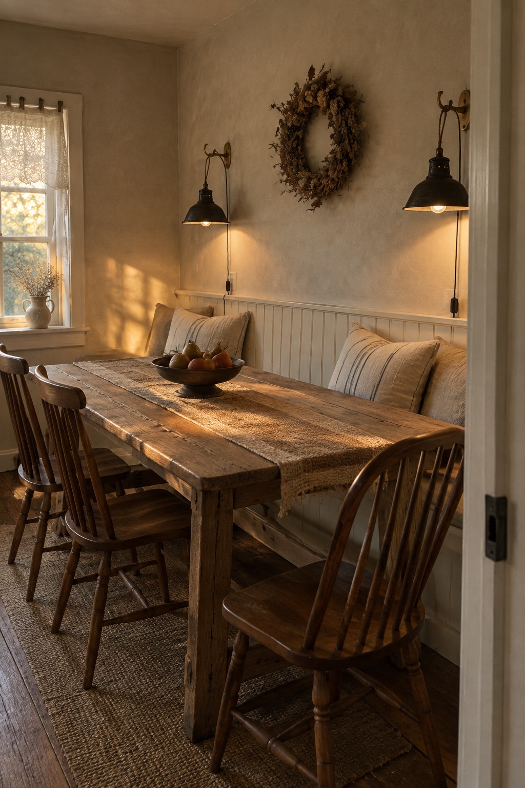 A rustic dining area features a long wooden table with a runner and fruit bowl, wooden spindle chairs, a built-in bench with striped pillows, two black plug-in wall sconces with visible cords, and a window on the left wall.