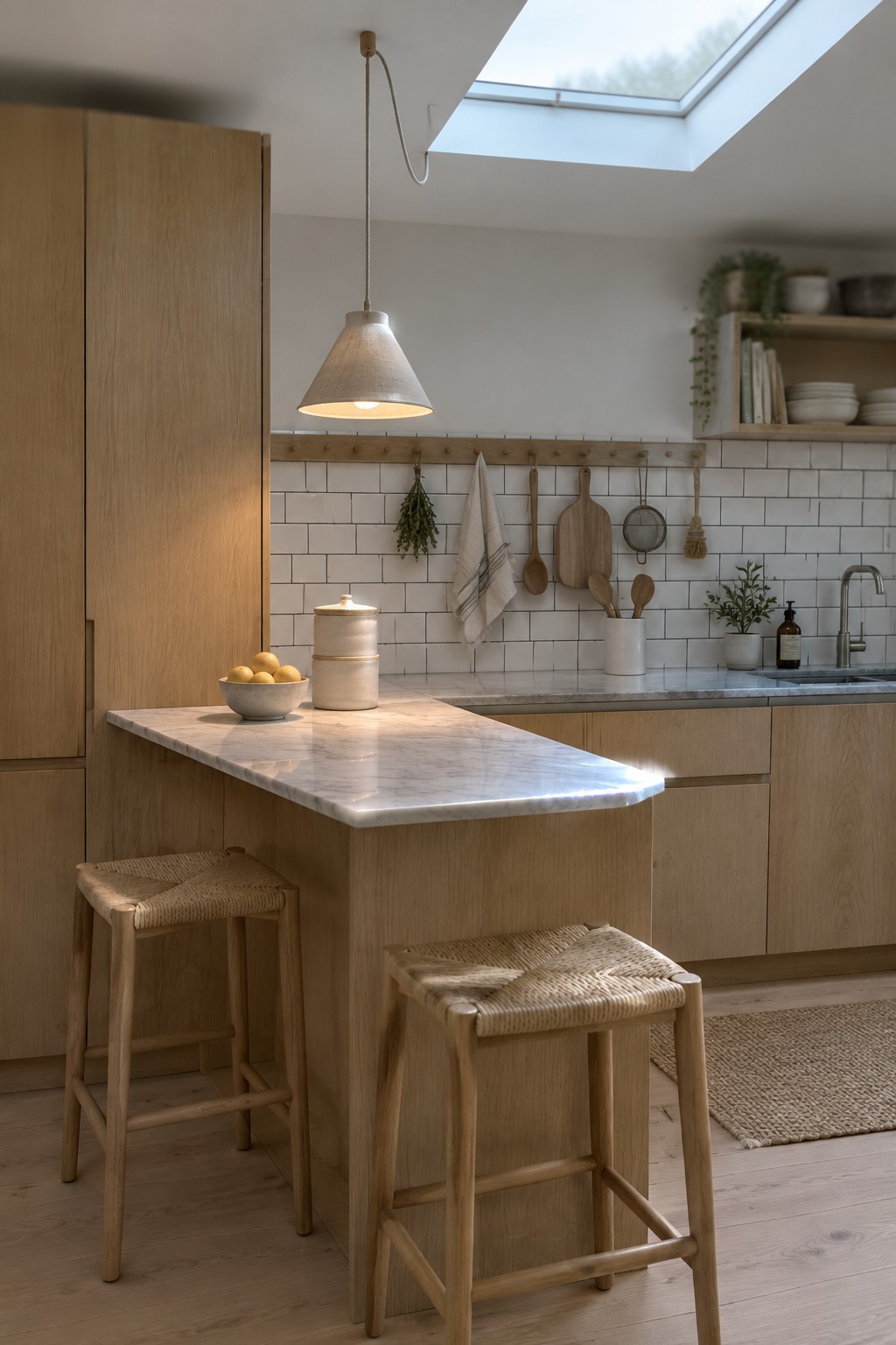 A bright kitchen interior featuring a wooden island with marble countertop, two woven-seat stools, a fabric pendant light, white tile backsplash, and a large skylight overhead.