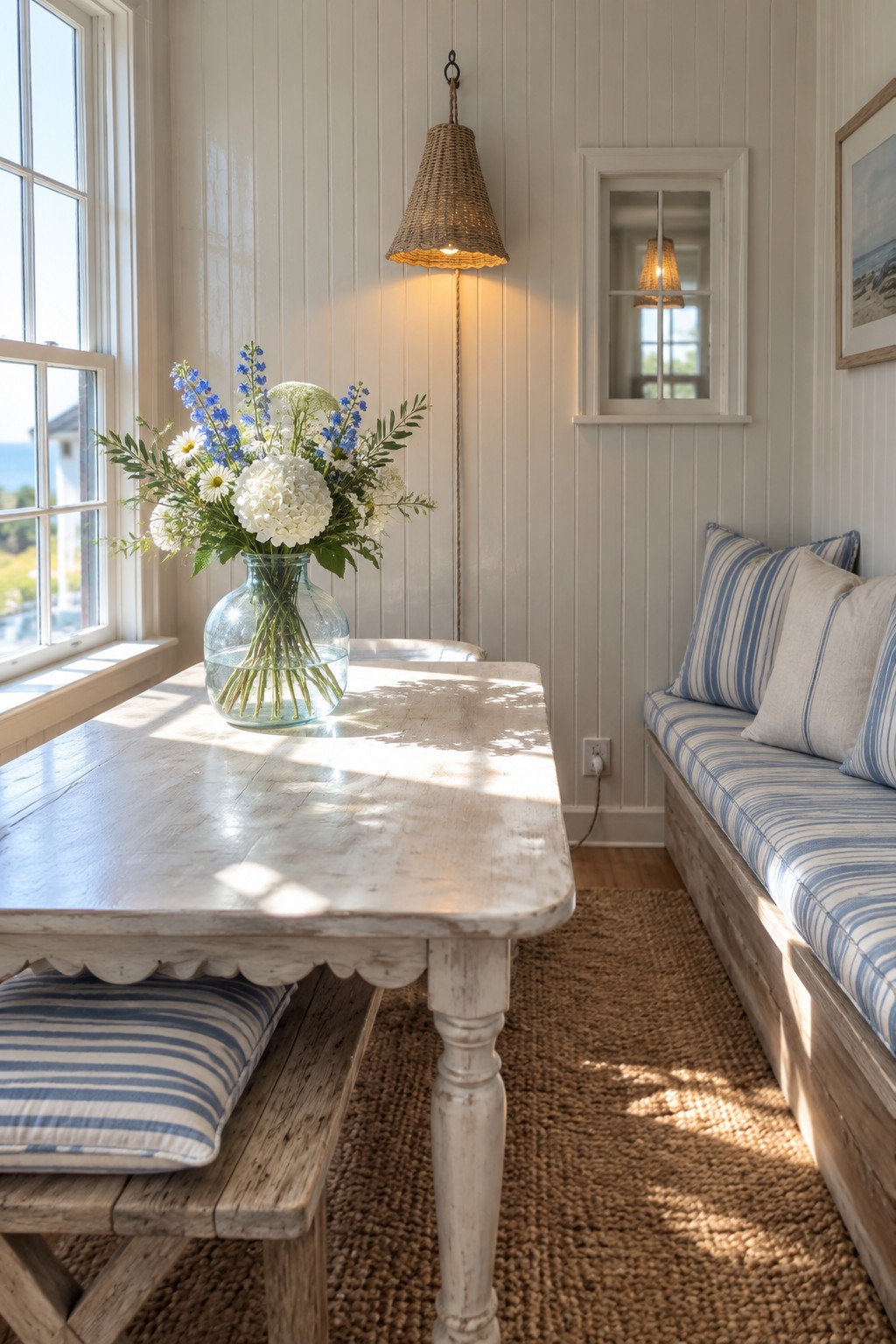 A bright interior room with a whitewashed wooden table, blue striped cushions on a bench and built-in seat, a glass vase of white and blue flowers, and a hanging woven pendant light with a visible cord plugged into a wall outlet.