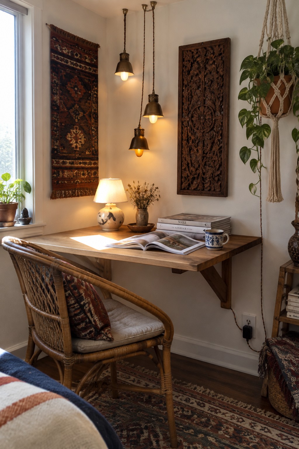 Cozy wooden desk with wicker chair, open book, hanging lamps, plants, and bohemian decor.