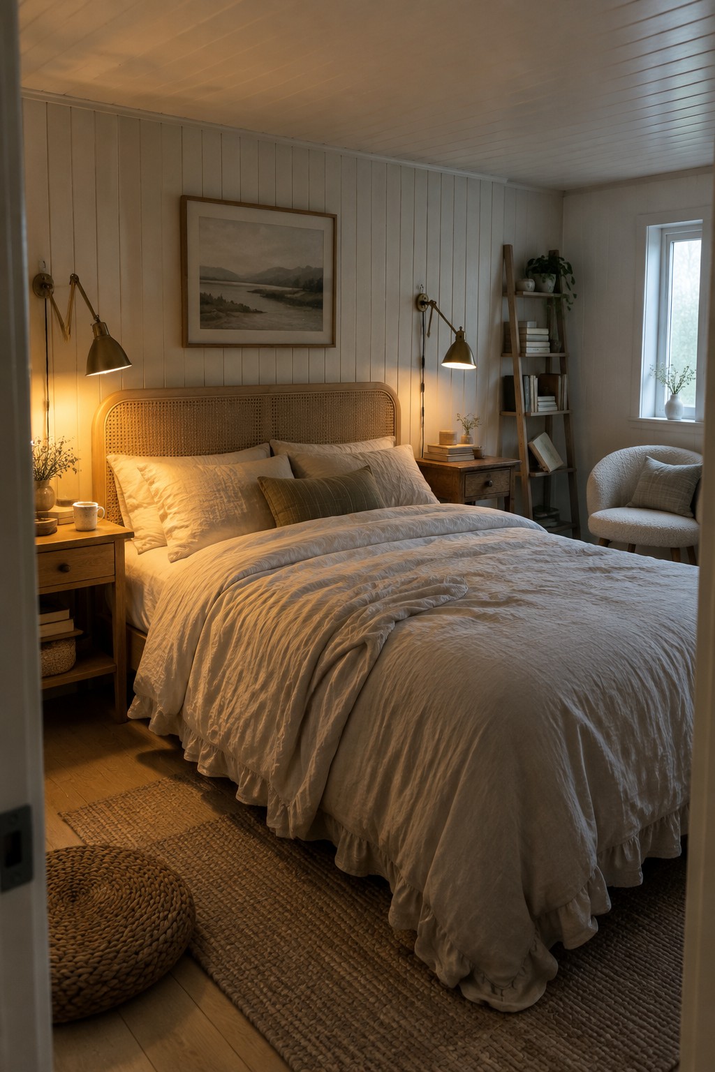 A bedroom with a large bed covered in neutral linen, flanked by two plug-in wall sconces with brass shades, and a framed landscape print above the headboard.
