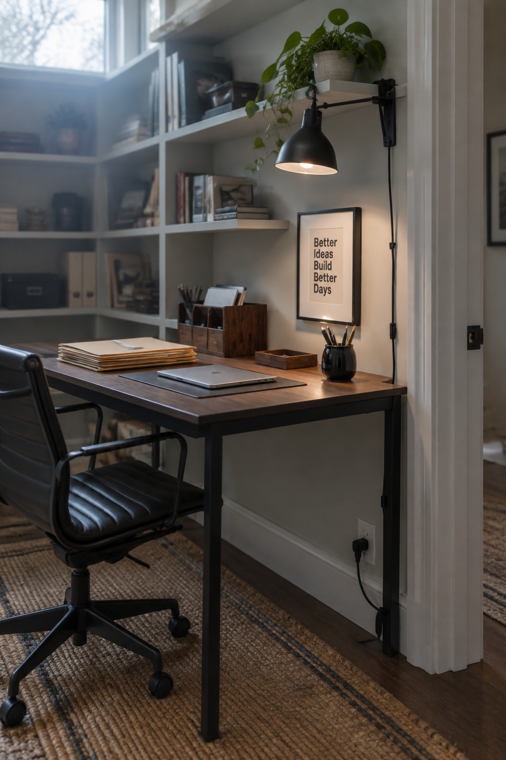 A home office desk with a laptop, papers, and a black plug-in wall sconce mounted above it next to a built-in bookshelf.