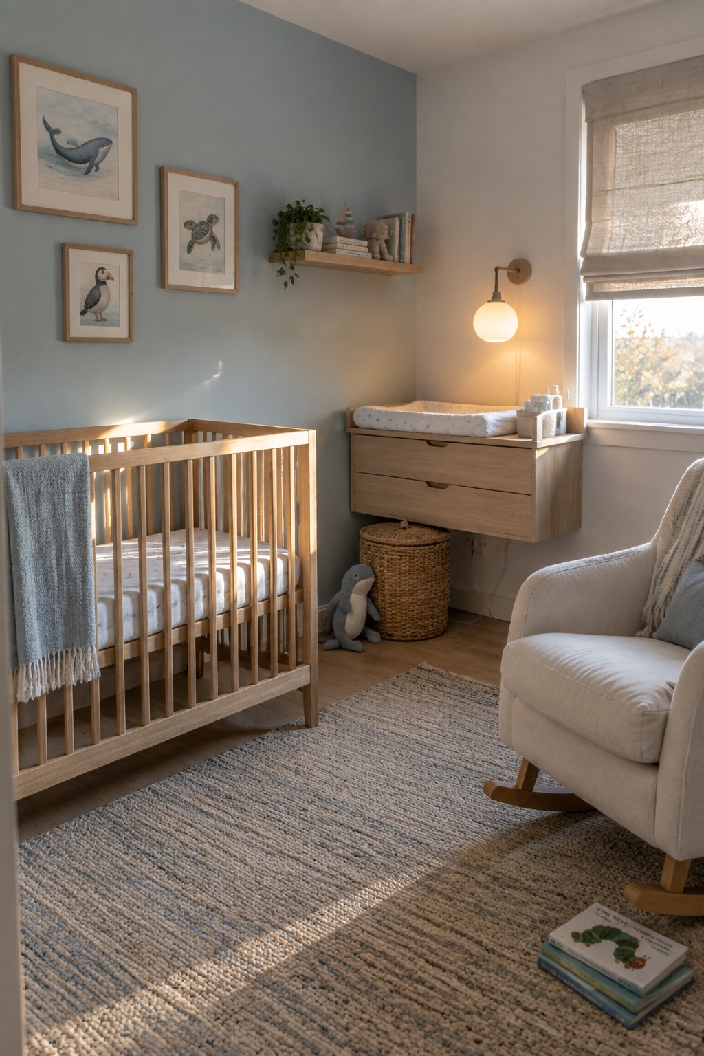 A nursery with a wooden crib, wall-mounted changing table, rocking chair, and a plug-in wall sconce with a white globe shade.