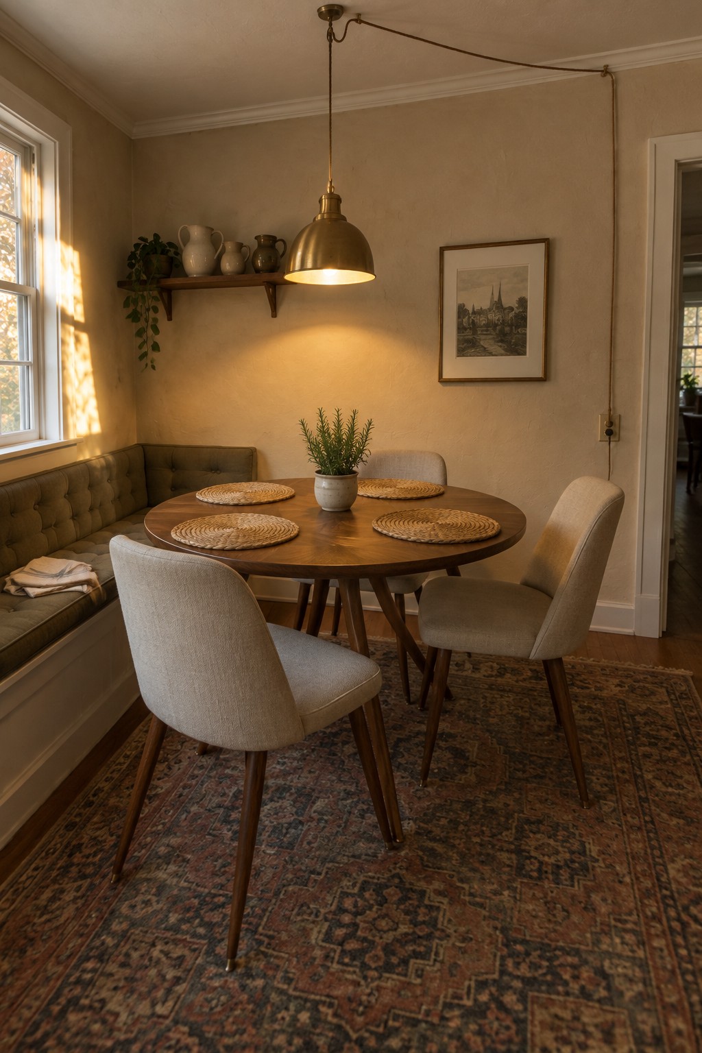 Round wooden table with woven placemats and plant, beige chairs, brass pendant light, patterned rug
