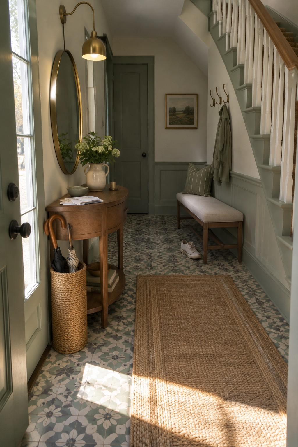 A narrow interior entry hallway with a brass plug-in wall sconce mounted above a round mirror and wooden console table on patterned tile flooring.