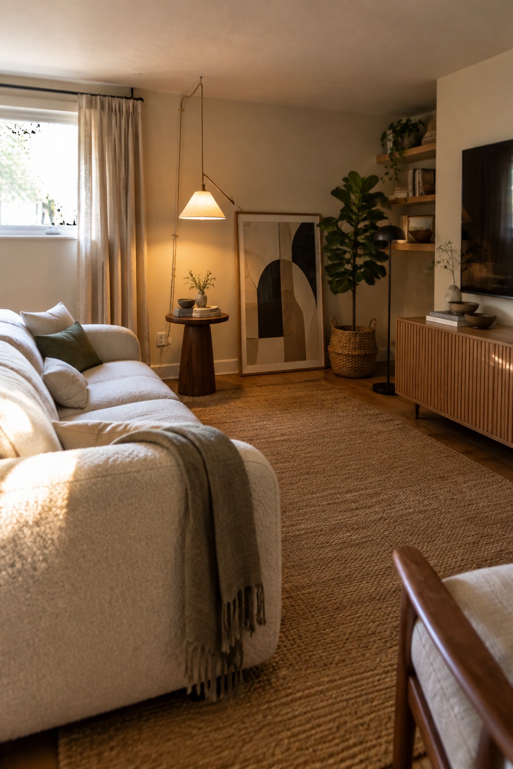 Cozy living room with white sofa on jute rug, wooden furniture, plants, and abstract art