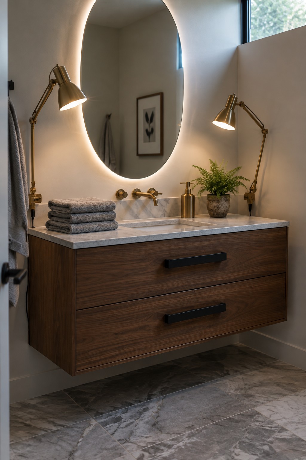 A floating wood bathroom vanity with a marble top, round backlit mirror, and two brass plug-in wall sconces mounted on either side.