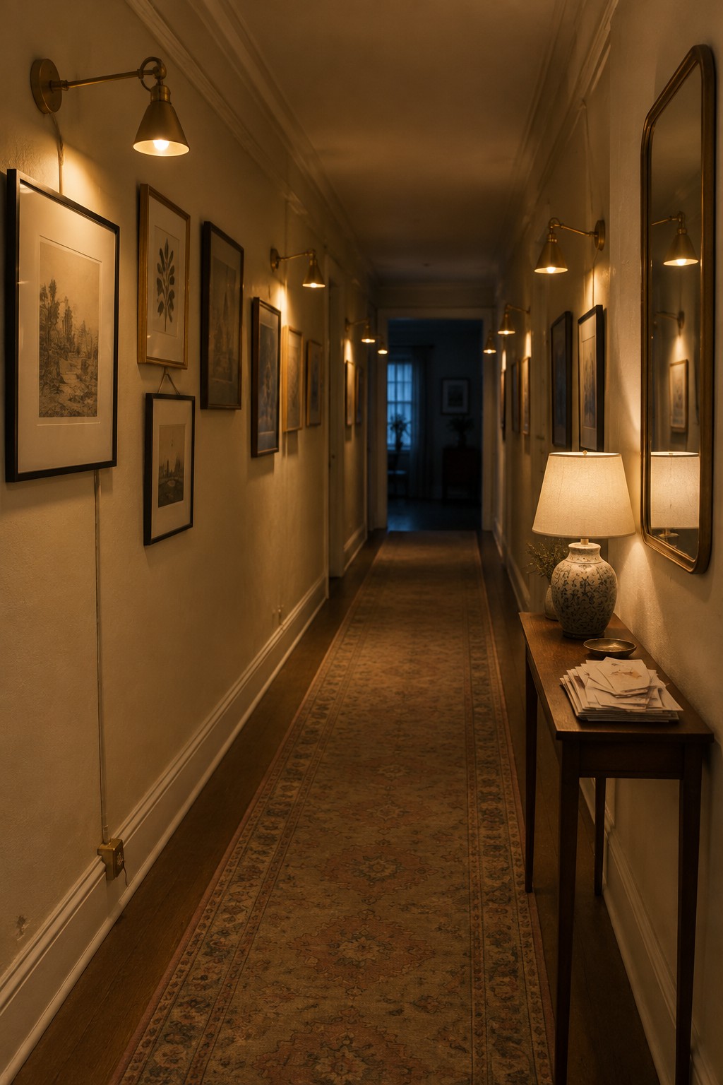A long narrow interior hallway with a patterned runner rug, framed pictures on both walls, and multiple lit plug-in wall sconces providing warm light.