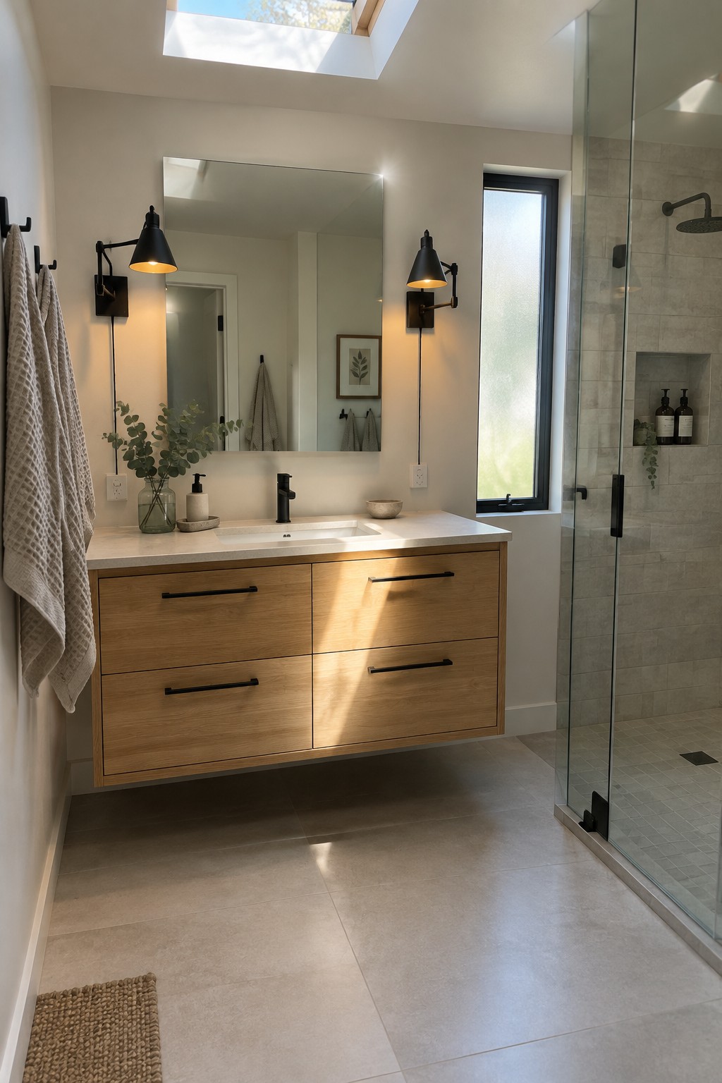 Modern bathroom with floating wood vanity, black fixtures, mirror, skylight, and glass shower