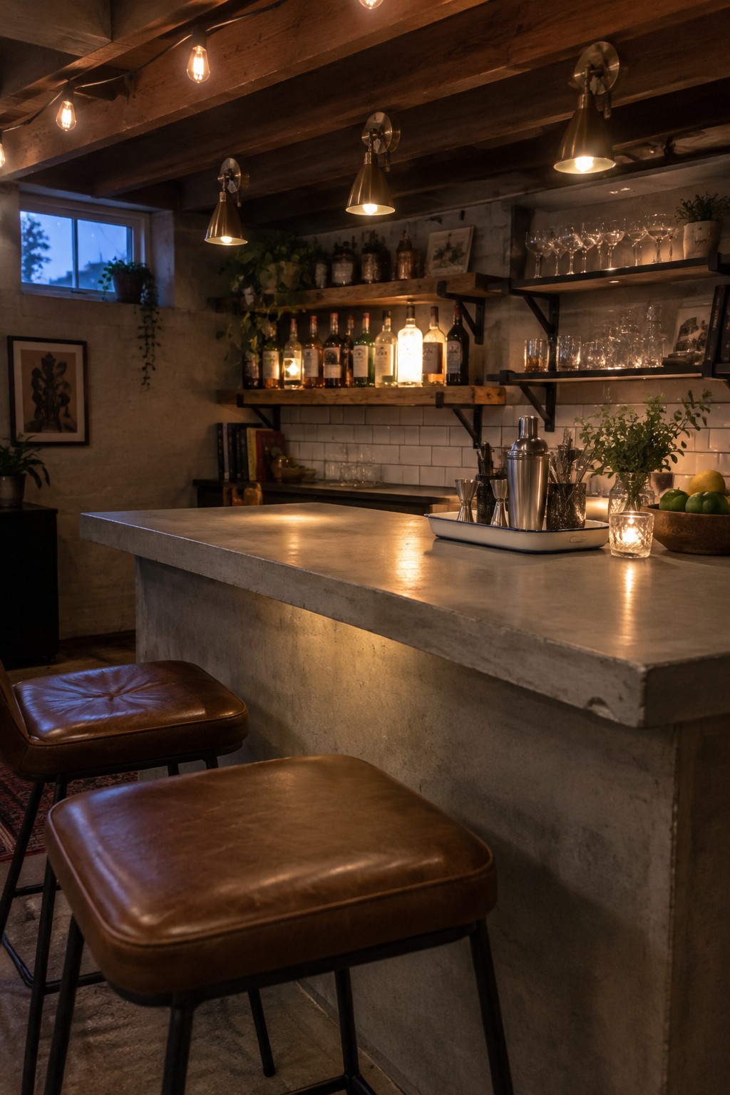 A concrete bar counter with two brown leather stools in front, wooden floating shelves holding bottles and glassware on a white tile wall, and several brass wall sconces providing light.