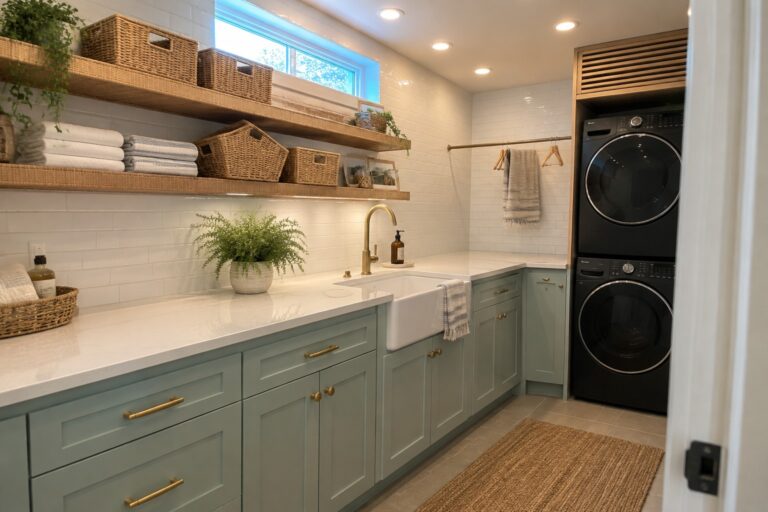 Modern laundry room with sage green cabinets, white farmhouse sink, and black stacked washer-dryer.