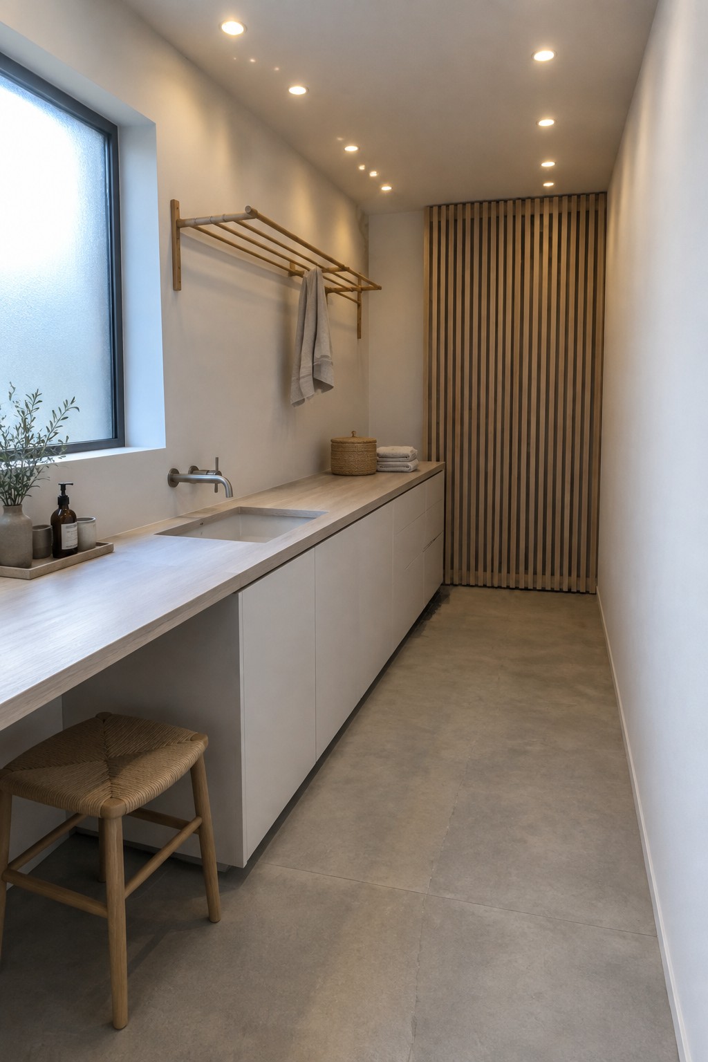 Minimalist laundry room with light wood counter, white cabinets, woven stool, and drying rack.