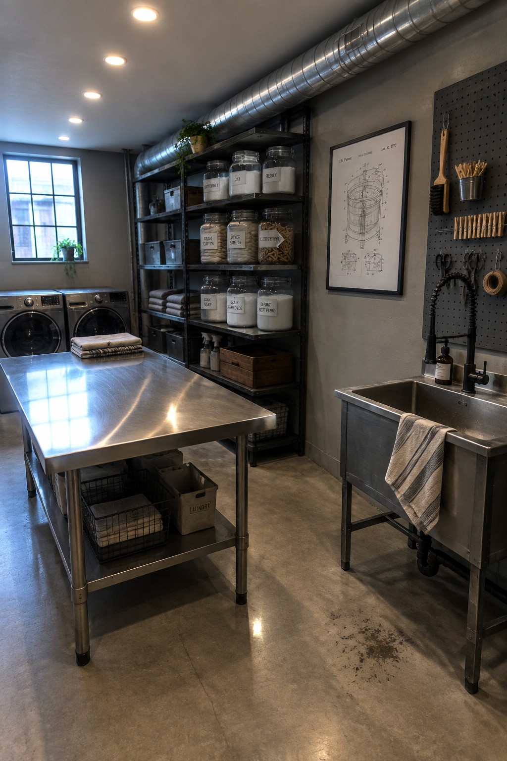 A laundry room interior with recessed ceiling lights, stainless steel work table, utility sink, washing machines, and open black shelving stocked with jars and linens.