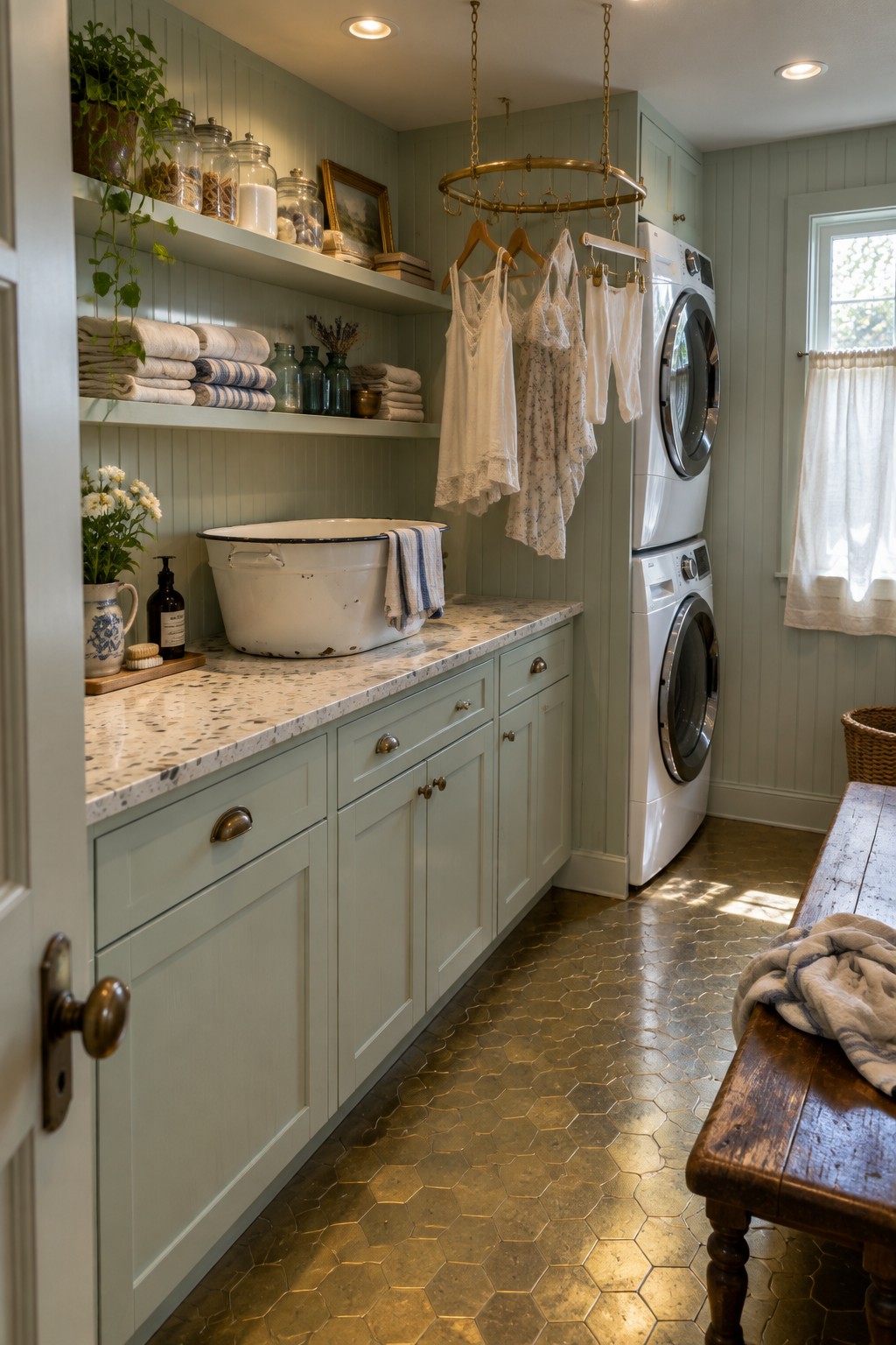A narrow laundry room with sage green cabinets, open shelves holding towels and jars, a stacked white washer and dryer, and two recessed ceiling lights.