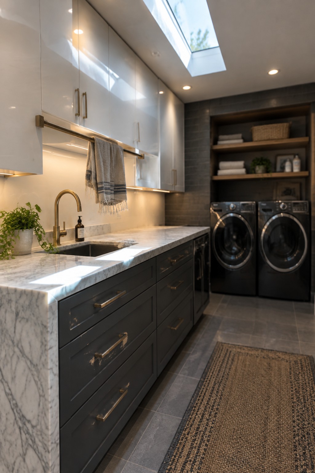 A modern laundry room featuring white upper cabinets, dark gray lower cabinets with brass handles, a white marble countertop with an integrated sink, a brass faucet, two front-loading washers, open wooden shelves, and recessed ceiling lights plus a skylight.