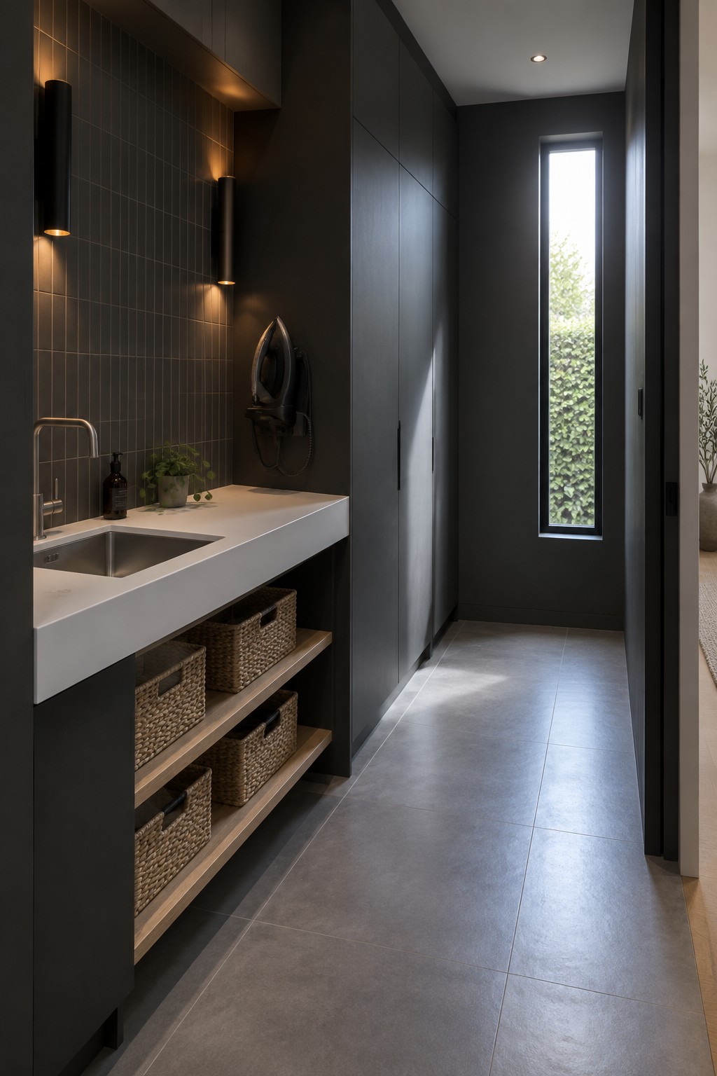 A narrow laundry room with a white countertop and sink, dark gray tiled wall holding two black cylindrical sconces, open shelves with woven baskets, and tall dark cabinets.
