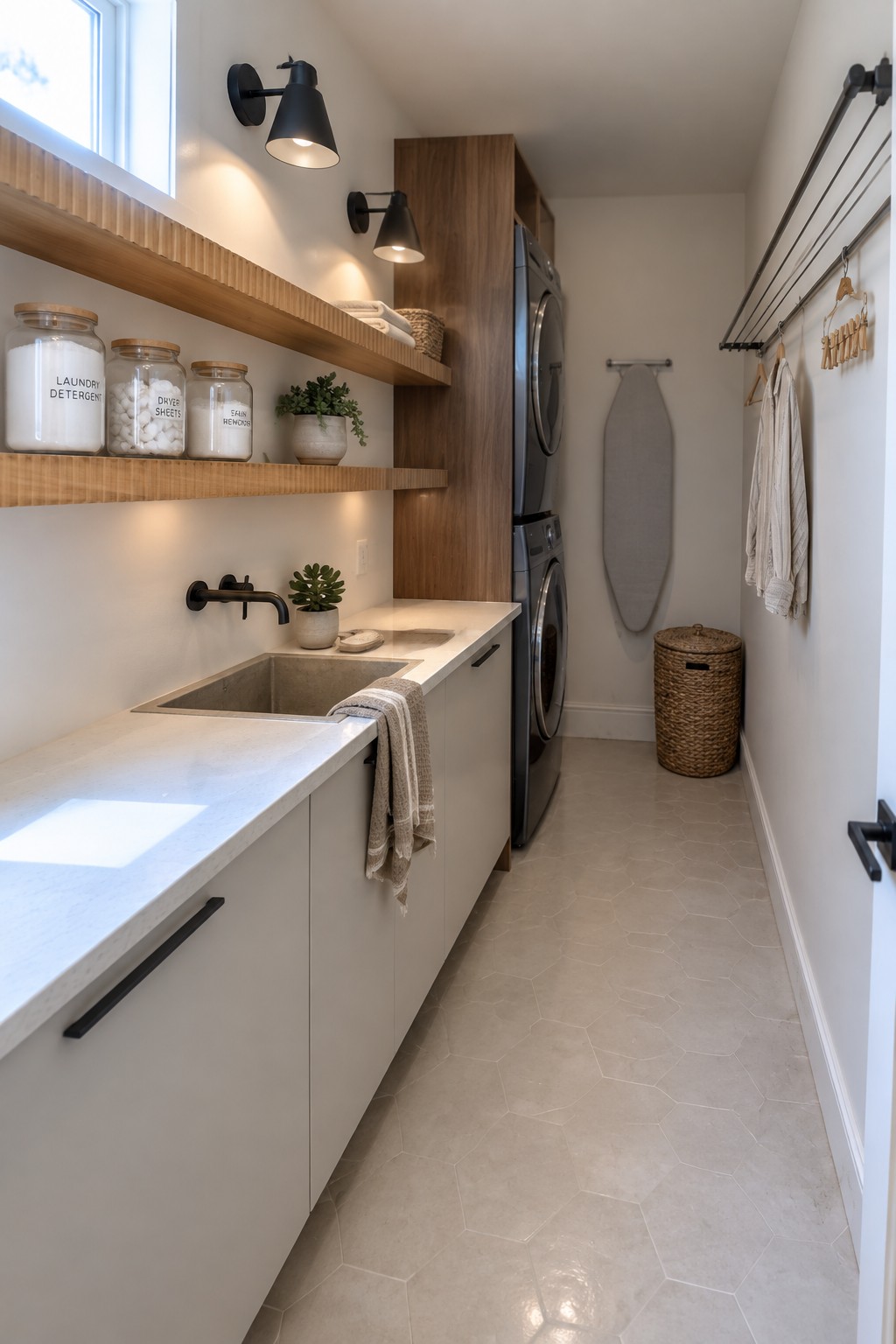 A narrow laundry room with white cabinets, a concrete sink, wooden floating shelves, two black wall sconces, and a stacked washer and dryer along one wall.