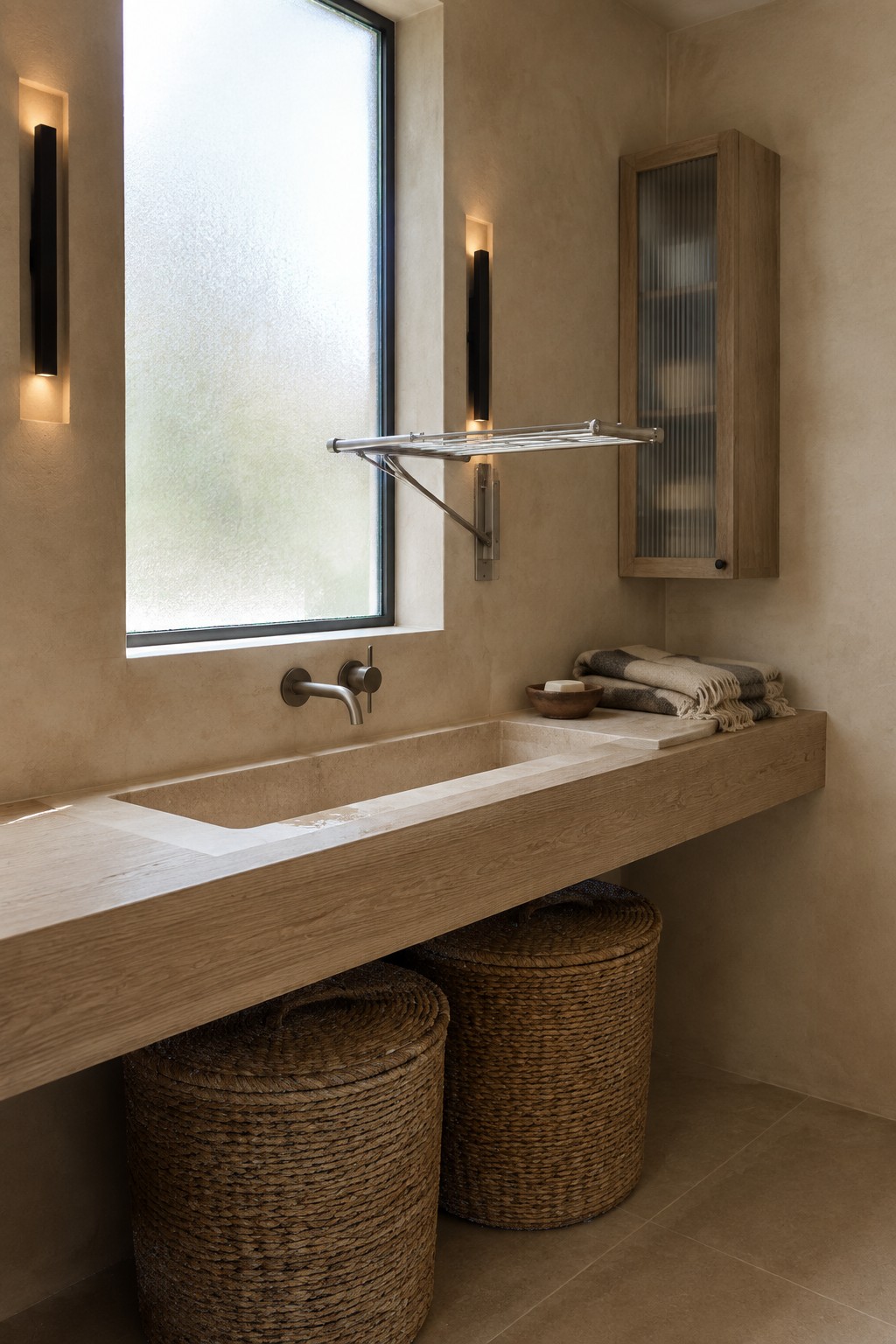 Modern bathroom with long wooden sink vanity, wall sconces, and woven baskets below.