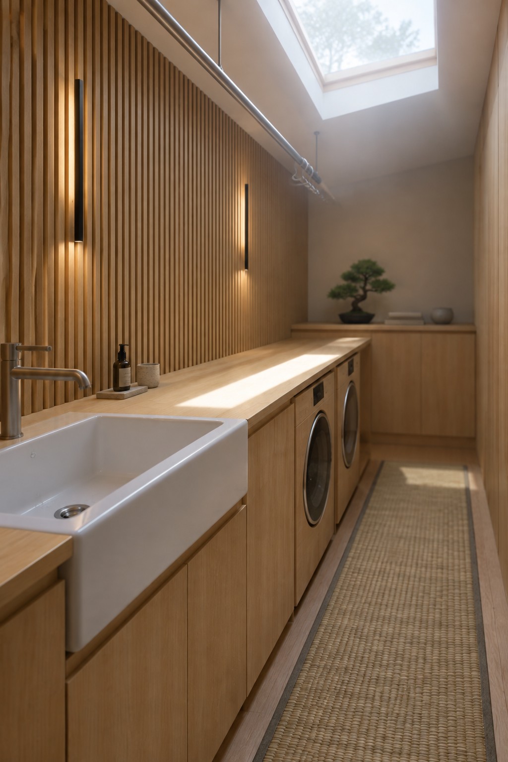 A long minimalist laundry room with a white farmhouse sink, light wood cabinetry, two front-loading washers, vertical black sconces on a slatted wood wall, and a woven runner on the floor under a skylight.