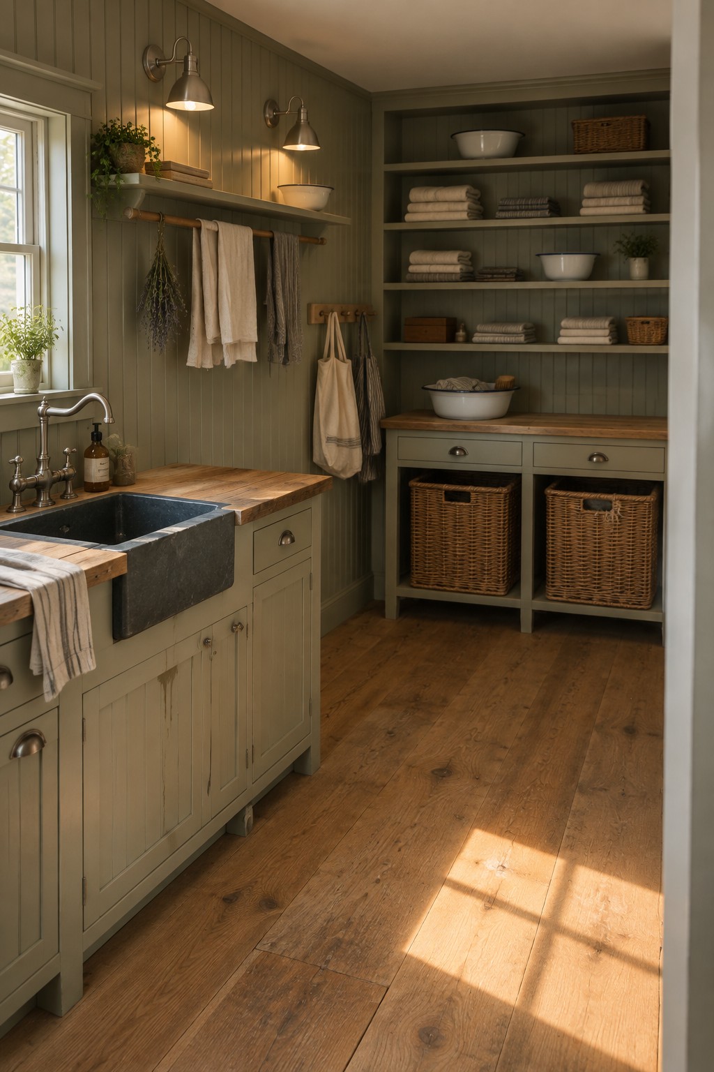 A laundry room with sage green cabinets, a dark sink on a wooden countertop, open shelving with towels and baskets, and two wall sconces mounted above the sink area.