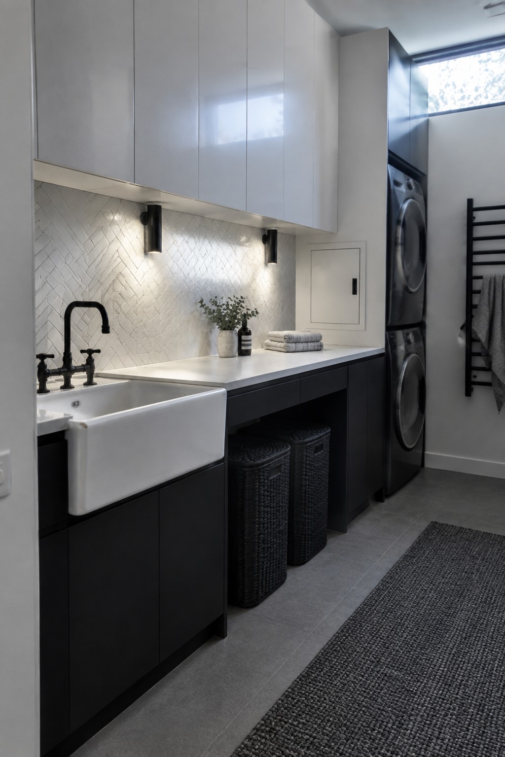 Modern laundry room with white farmhouse sink, black cabinets, and stacked washer dryer.