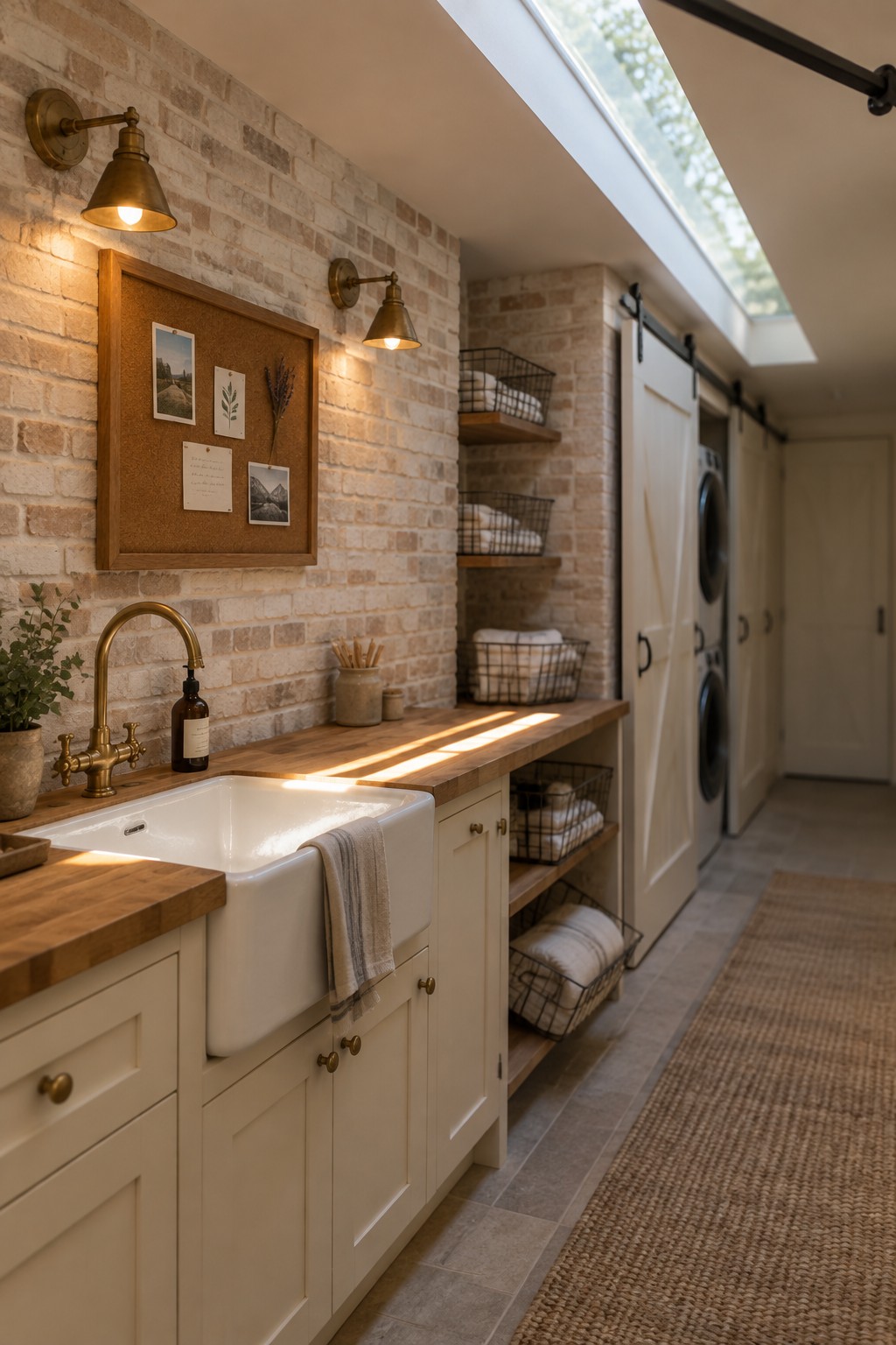 A laundry room interior with a white farmhouse sink, brass gooseneck sconces on a brick wall, cream cabinets, wooden countertop, and wire baskets on open shelving.