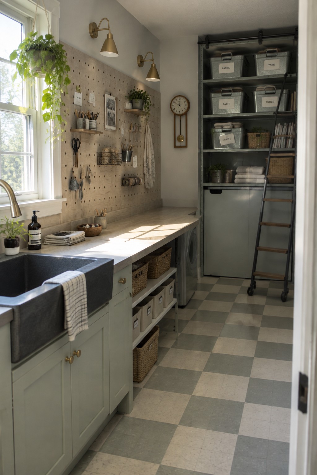 Organized laundry room with pegboard wall, green cabinets, labeled bins, and checkered floor.